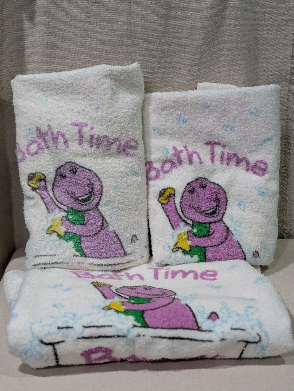 VTG 90's Barney the Purple Dinosaur Bath Towel Set 5 pcs nostalgia childhood
